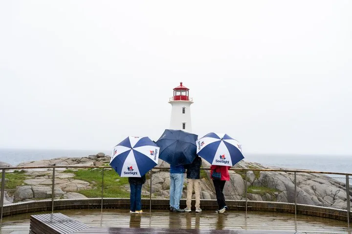 Menschen mit Regenschirmen betrachten den Leuchtturm von Peggy's Cove im Regen